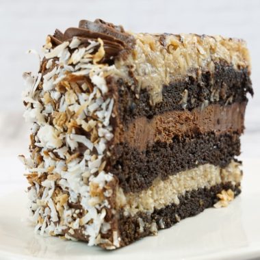 savor the classic flavor of a traditional german chocolate cake slice at Mia's Bakery.