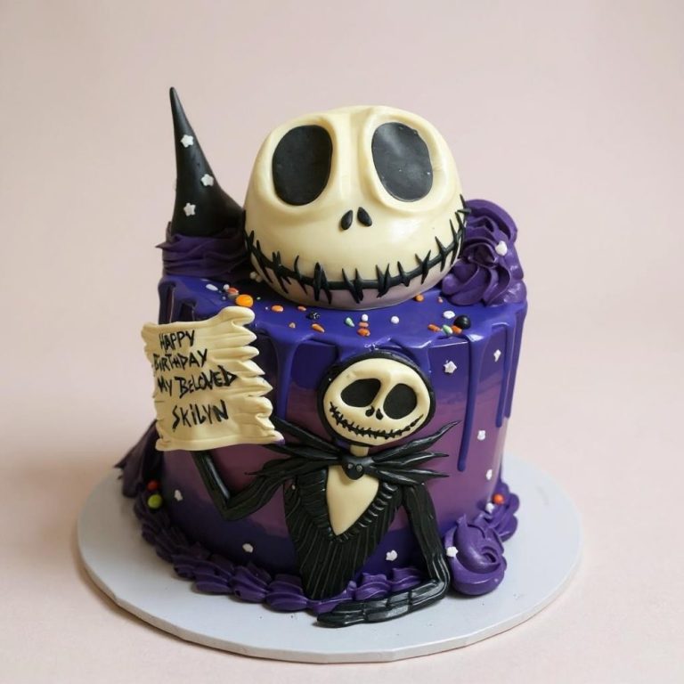 Purple drip birthday cake decorated with a 3D Jack Skellington figure holding a parchment sign, topped with a large Jack Skellington head, black fondant collar details, and colorful confetti sprinkles