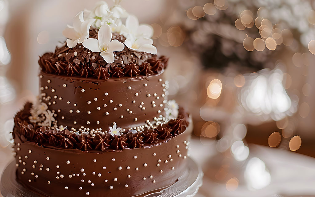 Rich chocolate wedding cake with ganache frosting and piped rosettes for elegant winter reception