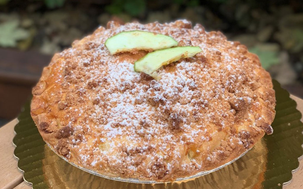 Dutch apple crumb pie with powdered sugar and apple slices, rustic fall dessert idea