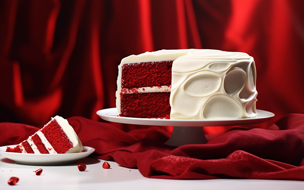 Red velvet wedding cake slice showing distinctive red color with cream cheese frosting layers