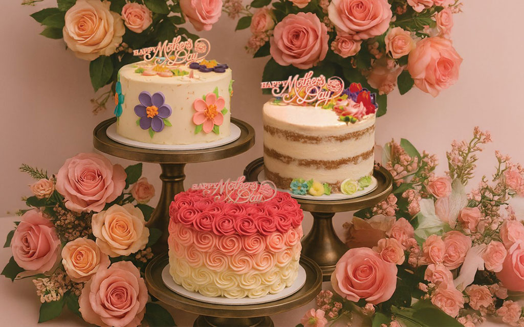 Seasonal desserts for Mother's Day featuring three elegant spring cakes with floral decorations and pink ombré rosette design