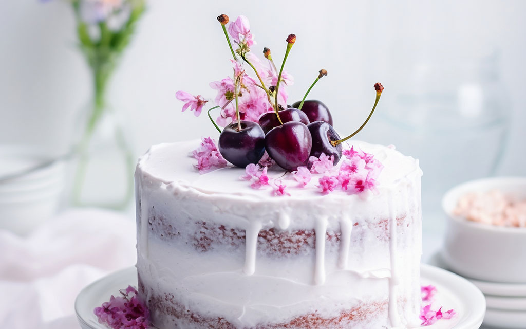 Semi-naked spring wedding cake with white drip frosting, fresh cherries, and delicate pink flowers for modern style