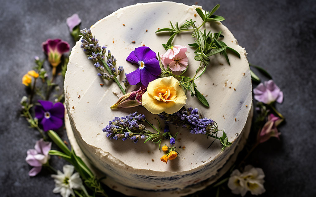 Rustic spring wedding cake topped with edible flowers including lavender, violas, fresh herbs, and seasonal blooms