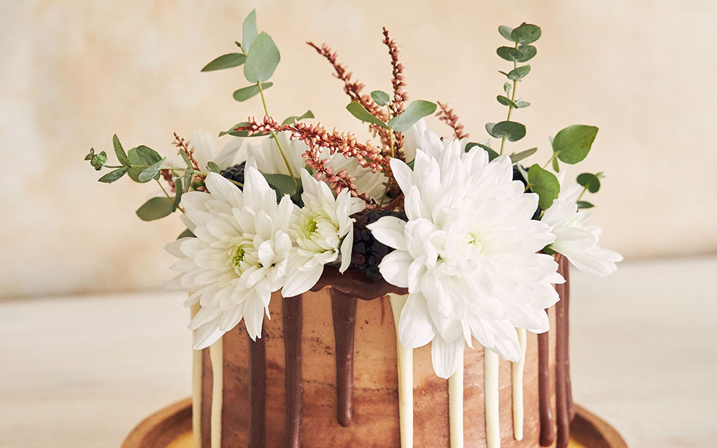 Modern spring wedding cake with metallic bronze finish, chocolate drip, fresh white dahlias, and eucalyptus greenery