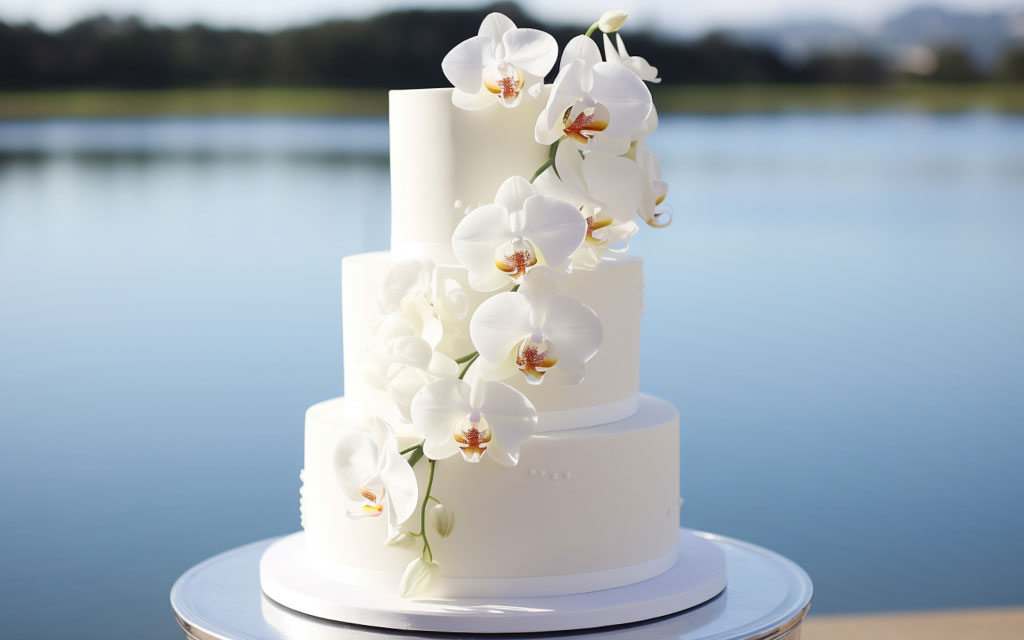 Elegant three-tier spring wedding cake with cascading white orchids on outdoor waterfront display
