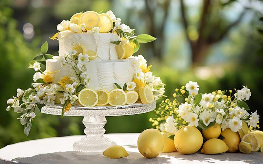 Summer wedding cake with textured buttercream, fresh lemon slices, white flowers, and greenery at outdoor garden venue