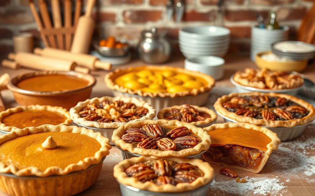 Assortment of thanksgiving desserts including pumpkin pies and pecan pies displayed on a rustic kitchen table with baking tools