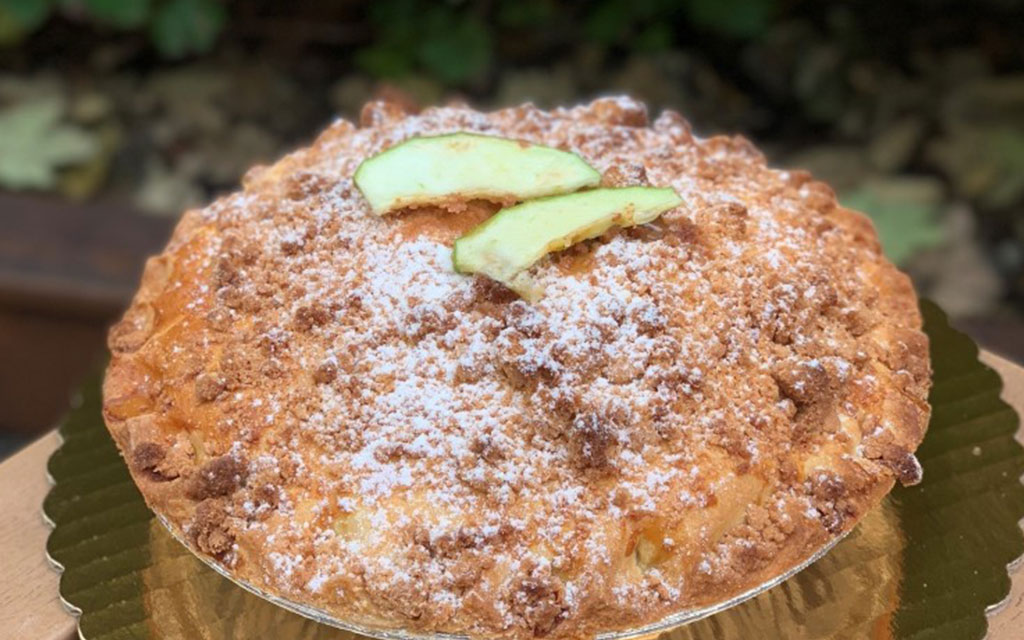 Homemade apple crumble cake dusted with powdered sugar, one of the easiest winter dessert ideas for cold weather