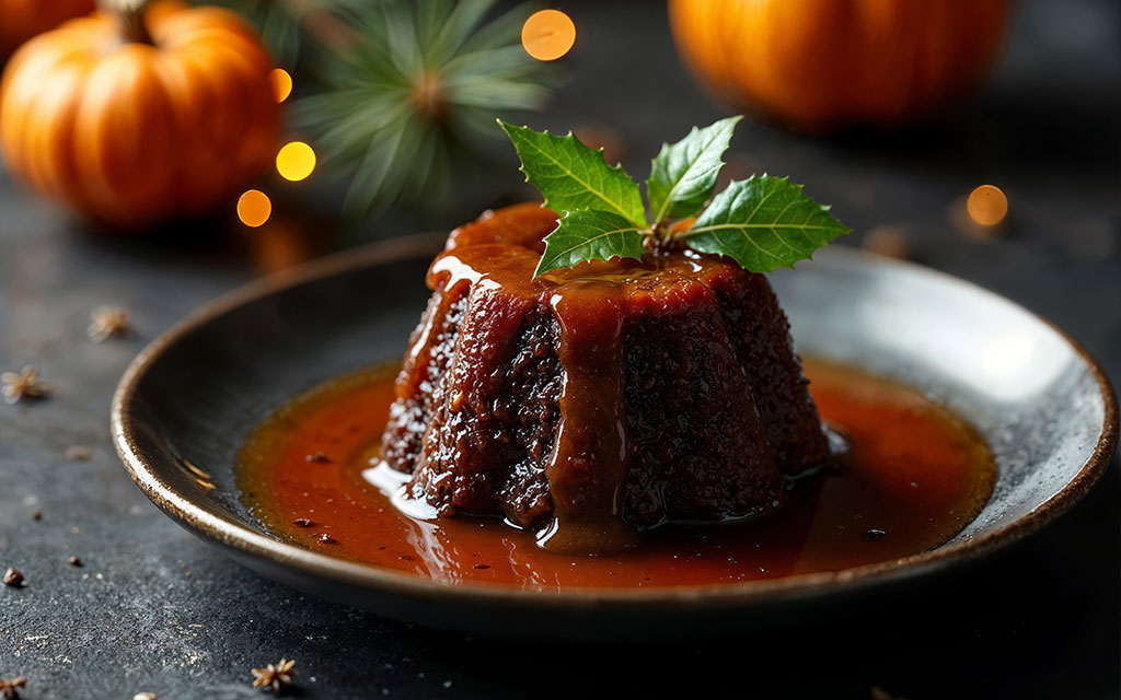 Sticky toffee pudding with warm caramel sauce, a classic British winter dessert idea served on a rustic plate