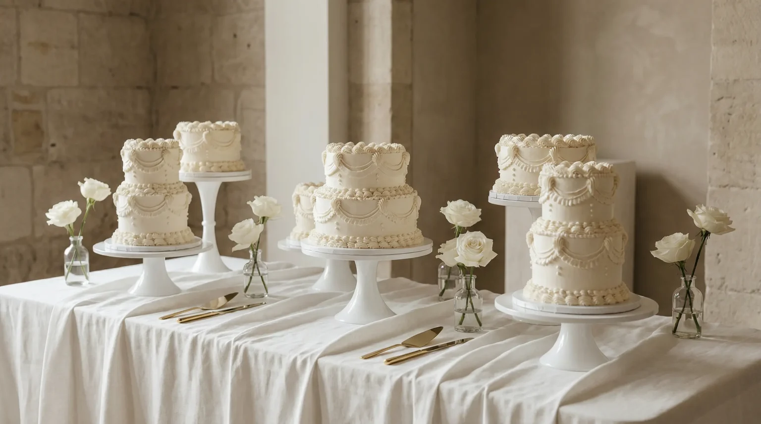Custom wedding cakes from Mia's Bakery featuring elegant white buttercream with Victorian piping, pearl details, and scalloped edges