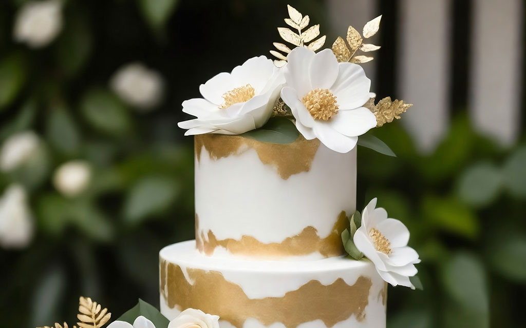 Elegant winter wedding cake with gold leaf brushstroke accents and white sugar flowers