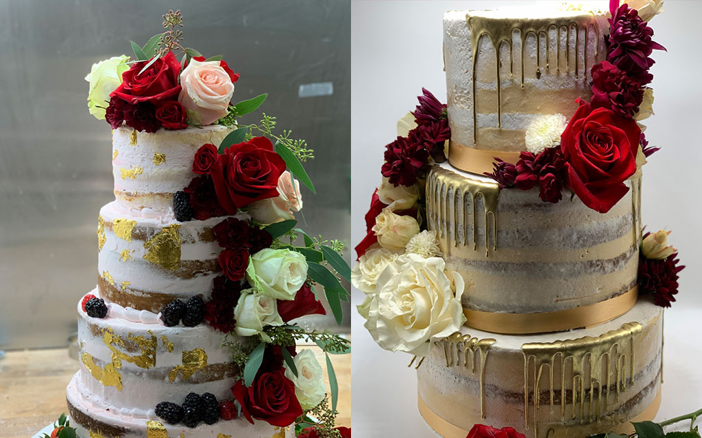 Two naked wedding cakes with gold drip, gold leaf, and red roses with burgundy floral accents
