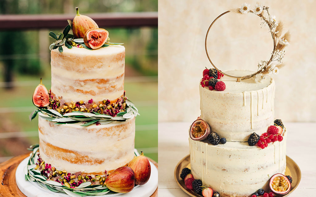 Two naked wedding cake designs with fresh figs, berries, greenery, and gold hoop topper