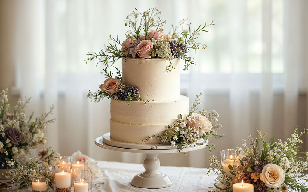 Semi-naked fall wedding cake with fresh roses, greenery, and berries on white stand with candles