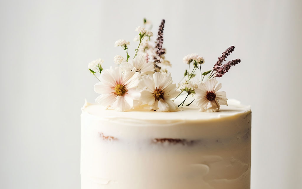 Semi-naked winter wedding cake with fresh white flowers and minimal buttercream finish