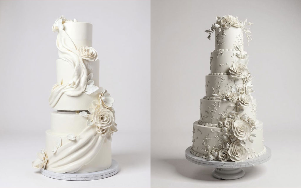 Wedding cake ideas featuring elegant white and gray tiered cakes with flowing buttercream and sugar flower details