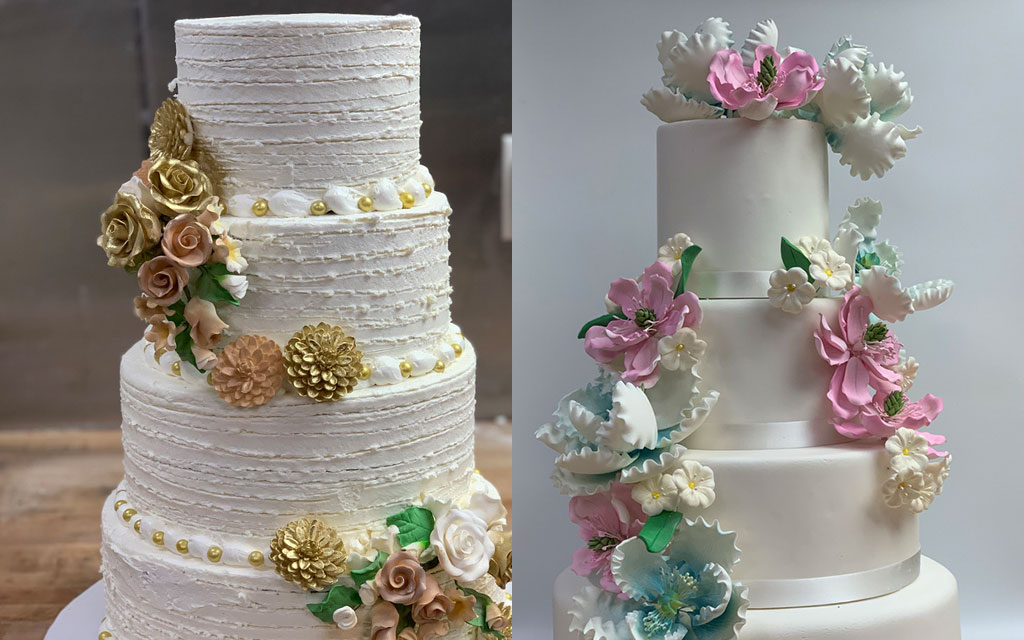 Wedding cake ideas featuring textured buttercream with gold metallic sugar flowers and smooth white cake with colorful pink and blue sugar blooms
