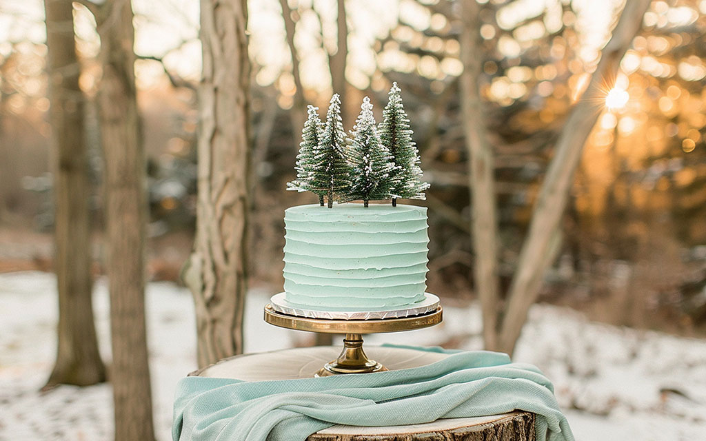 Winter wedding cake with miniature evergreen trees on gold stand in snowy outdoor setting