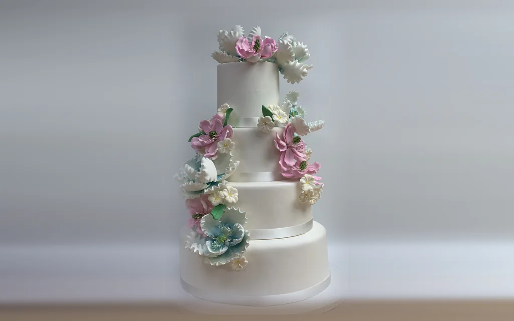 Four-tier white wedding cake by Mia's Brooklyn Bakery decorated with handmade sugar flowers in pink, white and pale blue