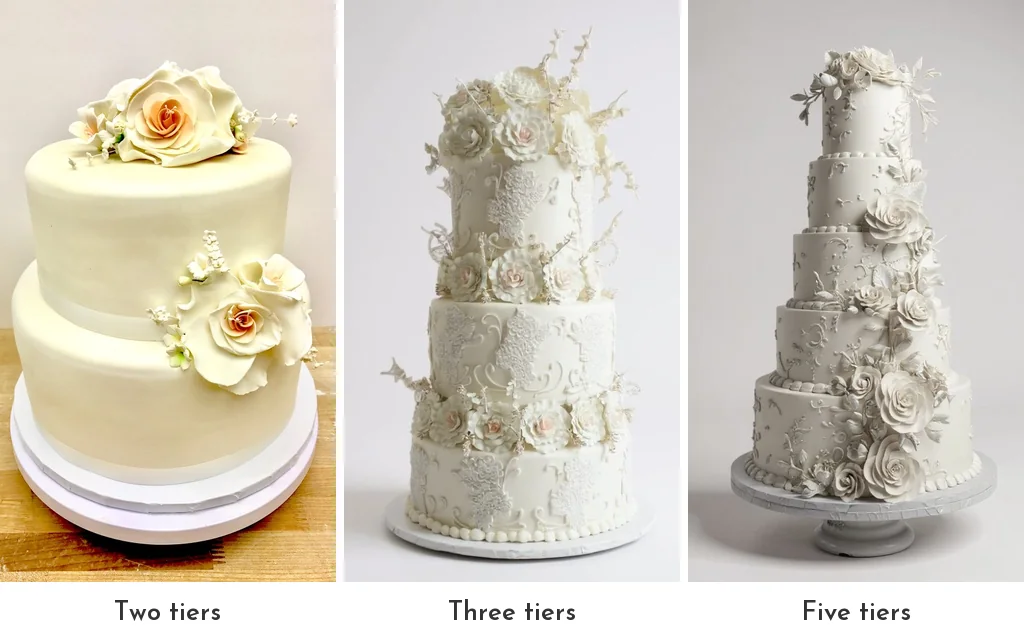 Two-tier, three-tier and five-tier wedding cakes by Mia's Brooklyn Bakery, side by side from the smallest to the tallest