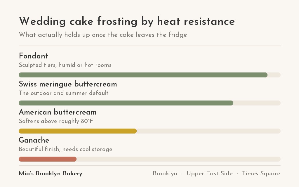 Wedding cake frosting heat resistance compared: fondant and Swiss meringue buttercream rank highest, American buttercream softens above 80F, ganache needs cool storage