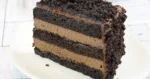 Slice of Brooklyn blackout cake with chocolate custard between dark chocolate layers and a cake-crumb coat